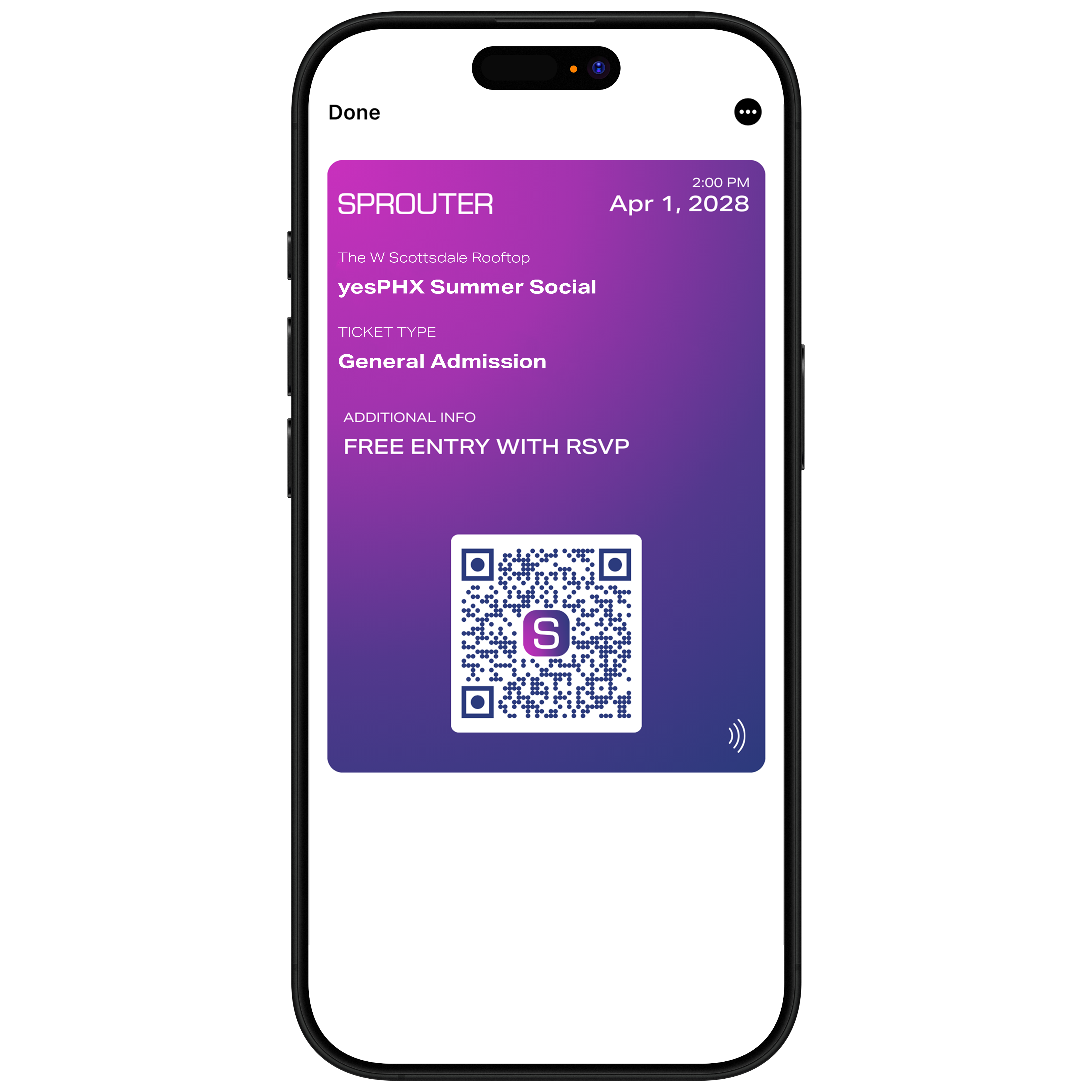 Sprouter mobile event ticket showing Apple Wallet integration with QR code for event check-in